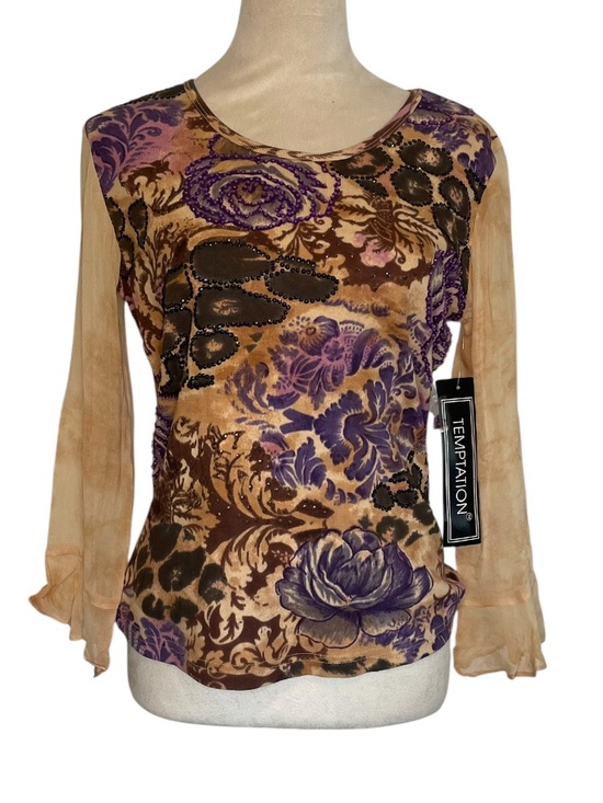 Temptations Tops - Temptation 90’s Y2K Floral Leopard Sequin Bell Sleeve Top Size M